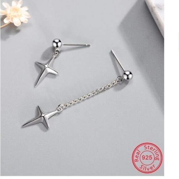 Asymmetric Cross Drop Earring 925 Sterling Silver Chain Dangle Earring Long - Picture 2 of 5